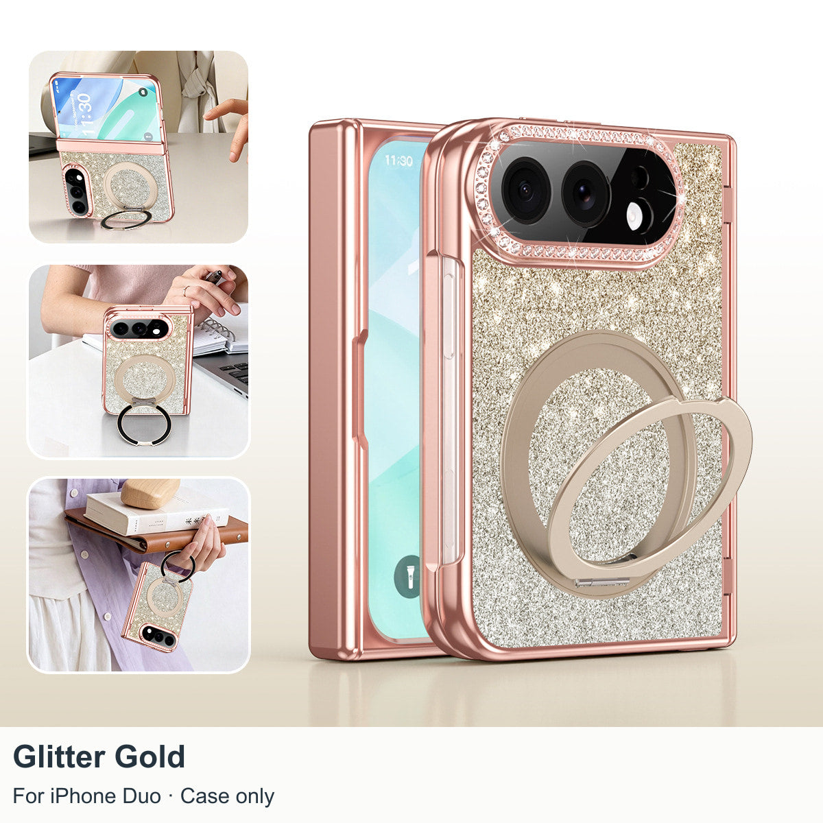 iPhone Duo | Glitter Magnetic Case with 360° Ring Stand & Glass Front