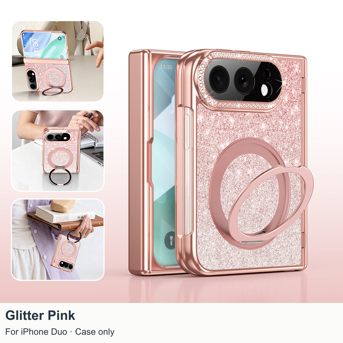 iPhone Duo | Glitter Magnetic Case with 360° Ring Stand & Glass Front