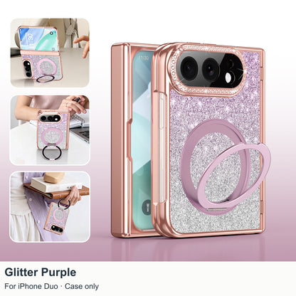 iPhone Duo | Glitter Magnetic Case with 360° Ring Stand & Glass Front