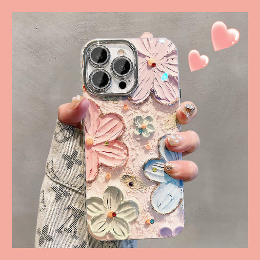 Ins Hot Oil Painting Flower iPhone Case with Lens Protector Film
