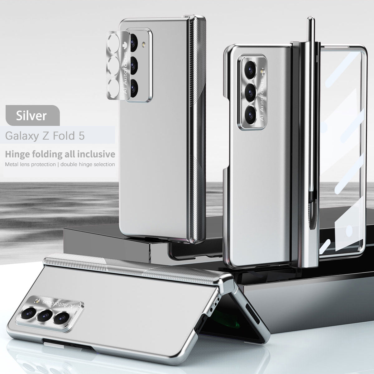 Electroplated Folding Case For Galaxy Z Fold5 Fold4 Fold3 With Double Hinge Protector and Free Stylus - Mycasety Mycasety