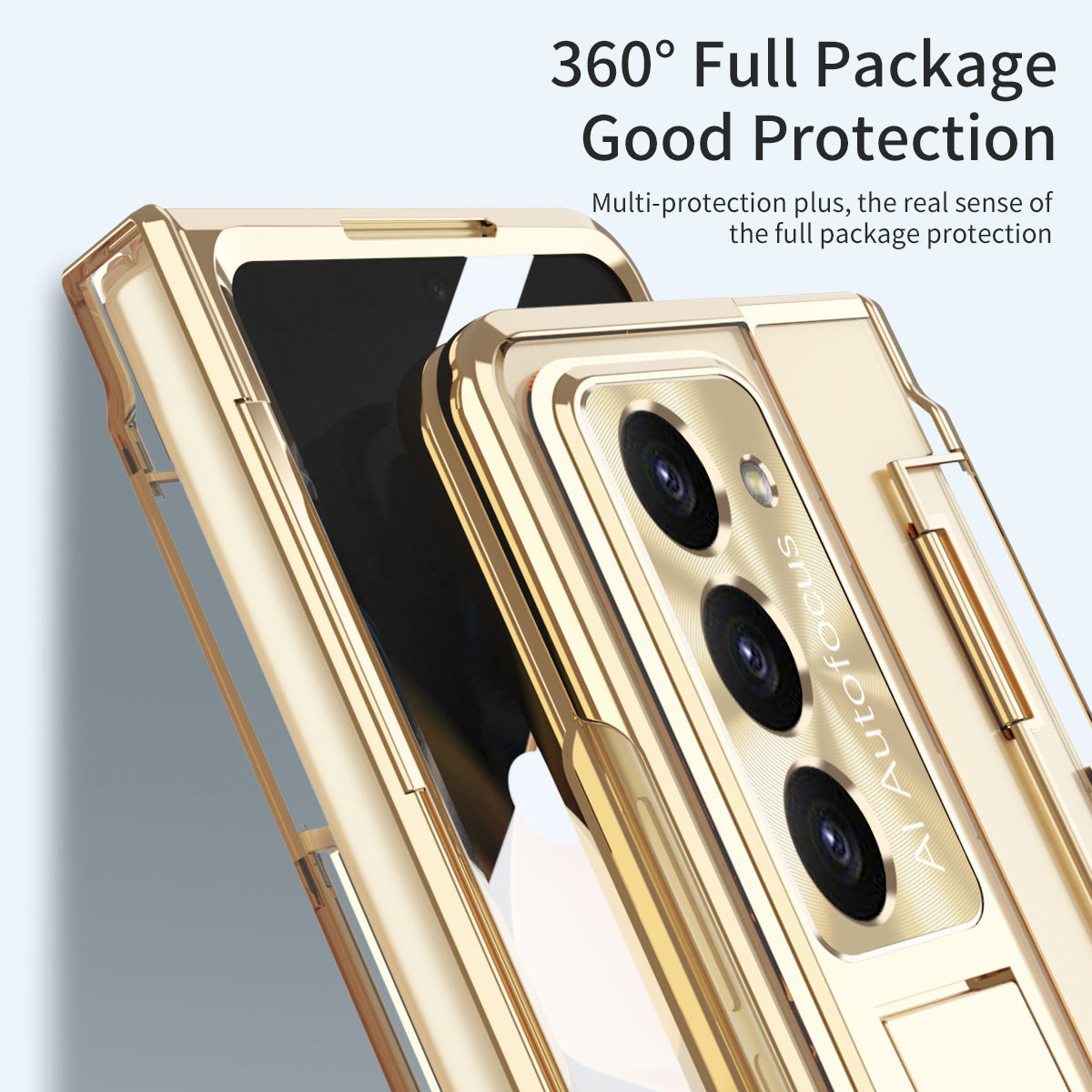 Plated Transparent Galaxy Z Fold5 Fold4 Fold3 Case with Front Screen Protector & Flat Hinge Protection & Kick-Stand - mycasety2023 Mycasety
