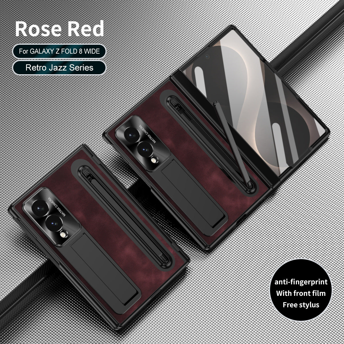 Jazz Retro Style Protective Leather Phone Case For Galaxy Fold 8/7/6/5/4 Wide Ultra With Built-in Tempered Glass Film & Pen-slot & Stylus