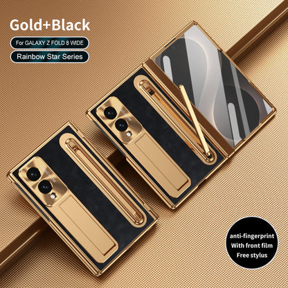 Golden Electroplated Leather Phone Case With Built-in Tempered Glass & Stylus For Galaxy Z Fold 8/7/6/5/4 Wide Ultra