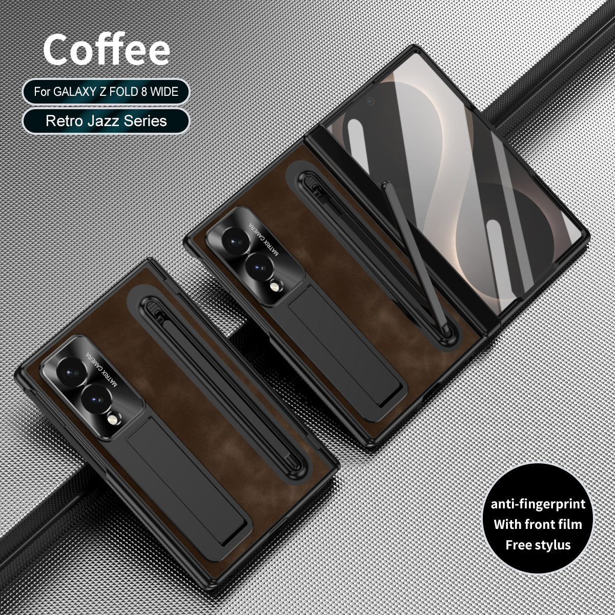 Jazz Retro Style Protective Leather Phone Case For Galaxy Fold 8/7/6/5/4 Wide Ultra With Built-in Tempered Glass Film & Pen-slot & Stylus