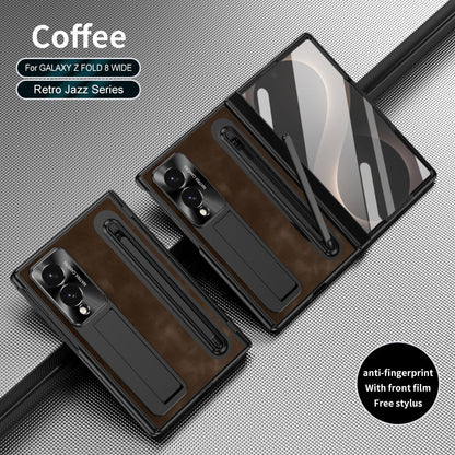 Jazz Retro Style Protective Leather Phone Case For Galaxy Fold 8/7/6/5/4 Wide Ultra With Built-in Tempered Glass Film & Pen-slot & Stylus