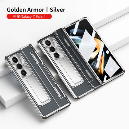 Plated Transparent Galaxy Z Fold5 Fold4 Fold3 Case with Front Screen Protector & Flat Hinge Protection & Kick-Stand - mycasety2023 Mycasety