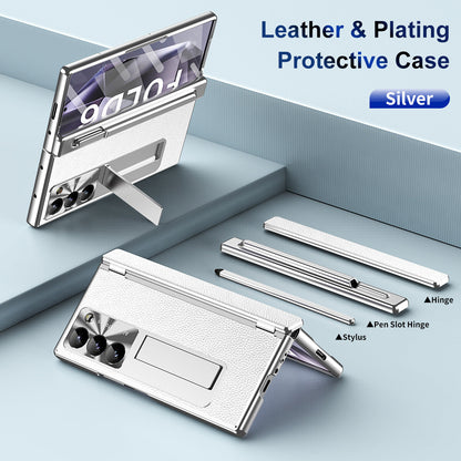 Aluminum Alloy Frame Magnetic Bracket All-Inclusive Electroplating Leather Cover For Galaxy Z Fold 7/6/5/4/3