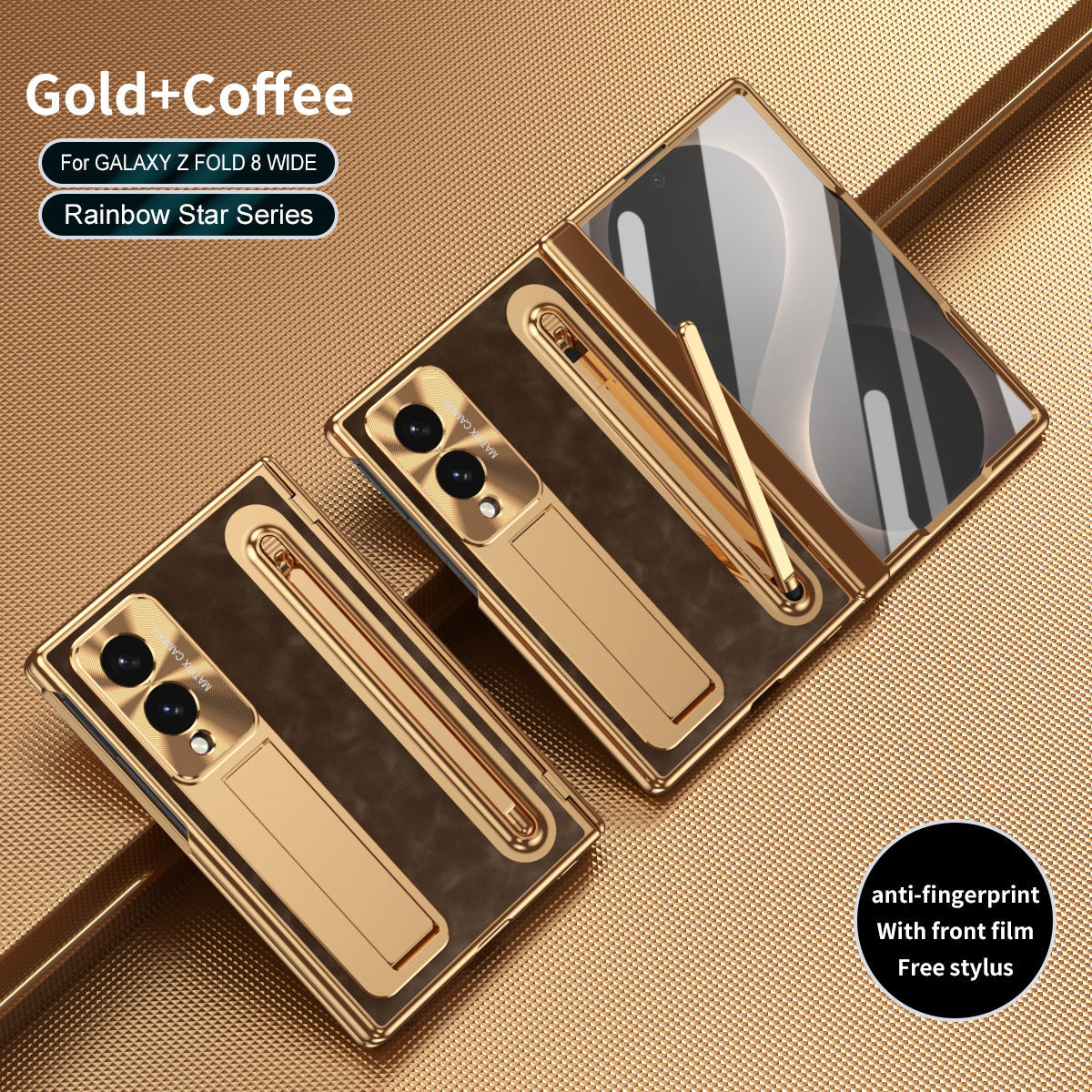 Golden Electroplated Leather Phone Case With Built-in Tempered Glass & Stylus For Galaxy Z Fold8 Wide Ultra