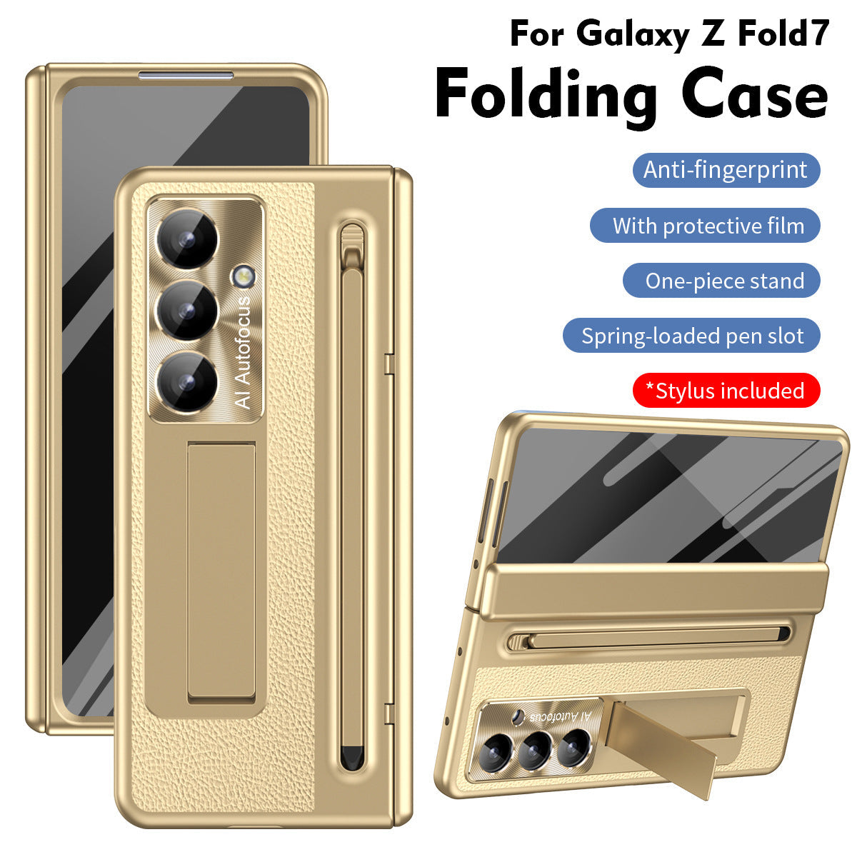 Leather Golden Electroplated Phone Case With Back Screen Glass and Stylus For Galaxy Z Fold 8/7/6/5/4