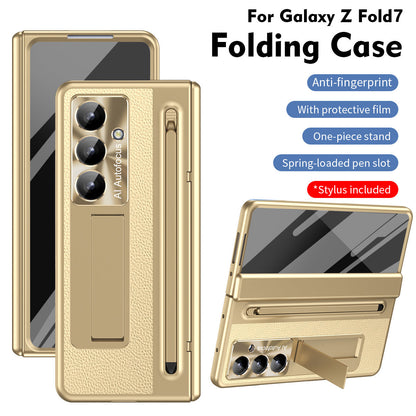 Leather Golden Electroplated Phone Case With Back Screen Glass and Stylus For Galaxy Z Fold 8/7/6/5/4