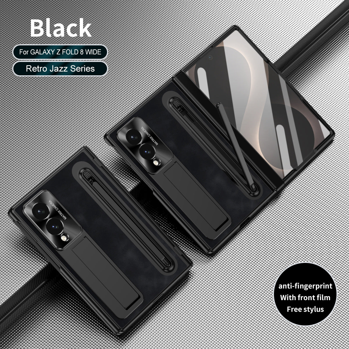 Jazz Retro Style Protective Leather Phone Case For Galaxy Fold 8/7/6/5/4 Wide Ultra With Built-in Tempered Glass Film & Pen-slot & Stylus