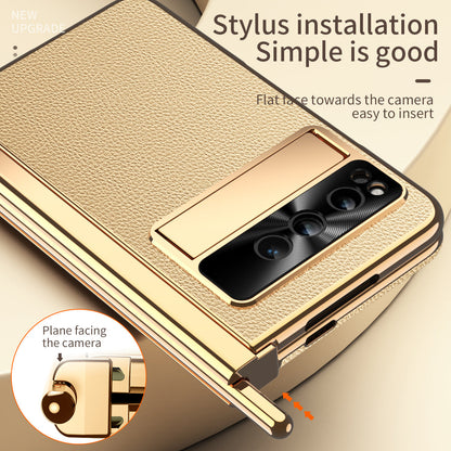 Electroplated Leather Google Pixel Fold Case with Dual Hinge Protective Screen Protector and Hidden Kickstand Pen Slot Free Stylus - Mycasety Mycasety