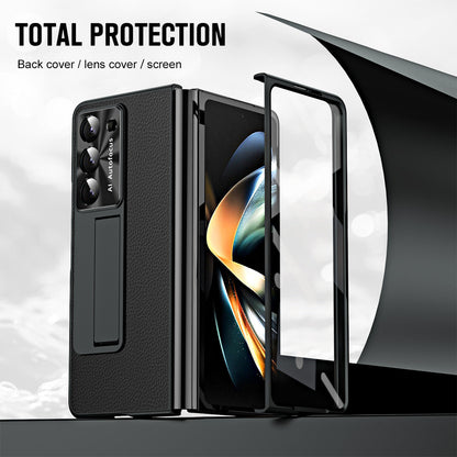 Leather Galaxy Z Fold5 Case with Front Screen Protector With Hidden Kick-Stand - Mycasety Mycasety
