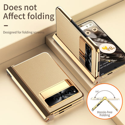 Electroplated Leather Google Pixel Fold Case with Dual Hinge Protective Screen Protector and Hidden Kickstand Pen Slot Free Stylus - Mycasety Mycasety