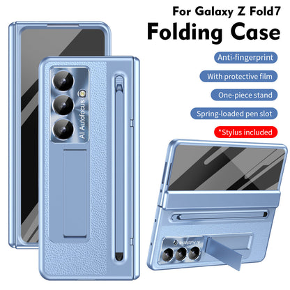 Leather Golden Electroplated Phone Case With Back Screen Glass and Stylus For Galaxy Z Fold 8/7/6/5/4
