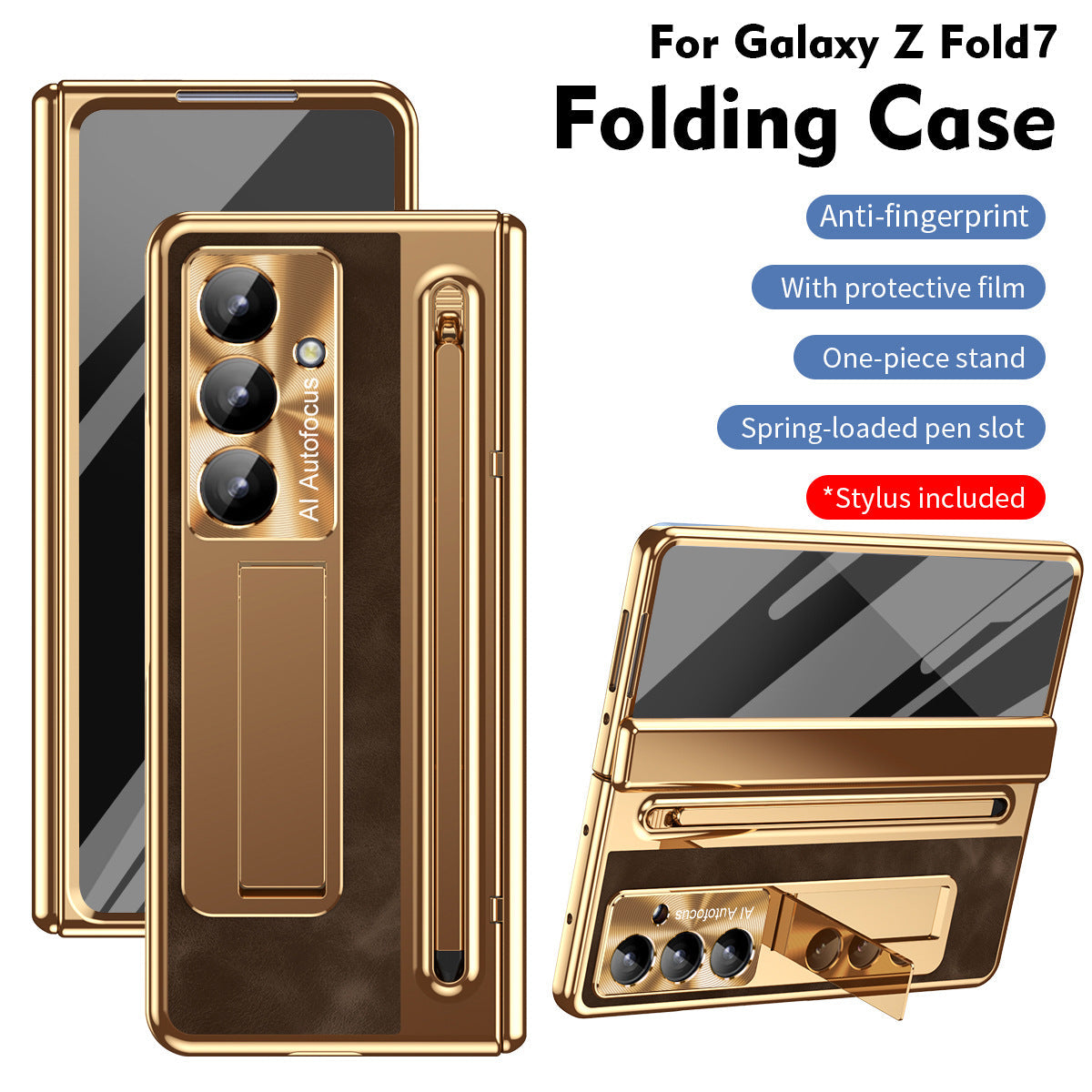 Leather Golden Electroplated Phone Case With Back Screen Glass and Stylus For Galaxy Z Fold 8/7/6/5/4