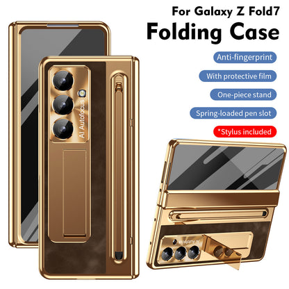 Leather Golden Electroplated Phone Case With Back Screen Glass and Stylus For Galaxy Z Fold8 Wide Ultra