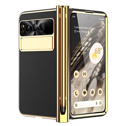 Ultra-Thin Leather Google Pixel Fold shell anti-fall all-inclusive Case double pen slot hinge With Stylus - mycasety2023 Mycasety