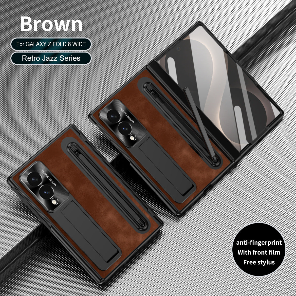 Jazz Retro Style Protective Leather Phone Case For Galaxy Fold 8/7/6/5/4 Wide Ultra With Built-in Tempered Glass Film & Pen-slot & Stylus