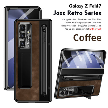 Jazz Retro Style Anyi-fall Protective Leather Phone Case For Galaxy Fold 7/6/5/4 With Front Protection Film And Stylus
