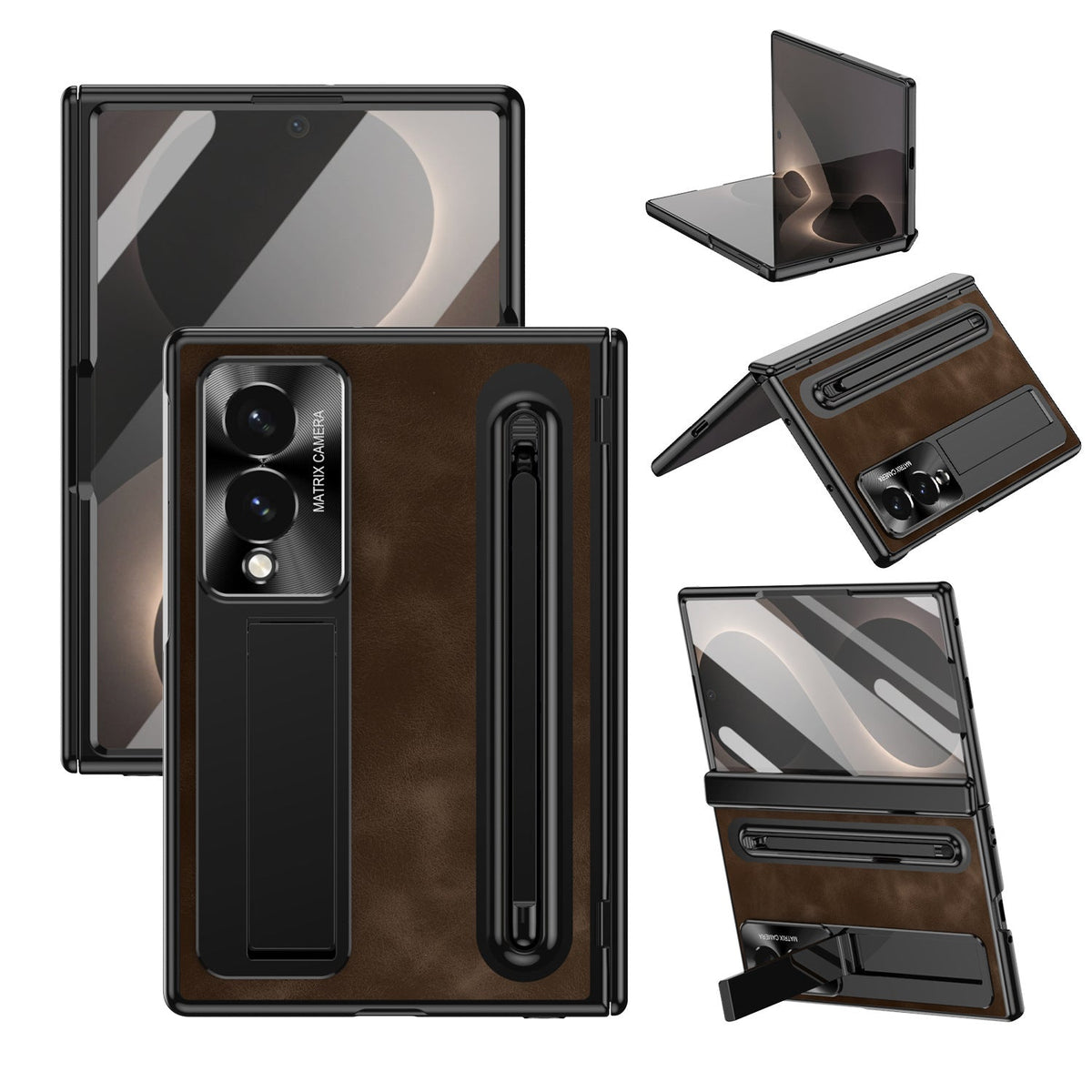 Jazz Retro Style Protective Leather Phone Case For Galaxy Fold8 Wide Ultra With Built-in Tempered Glass Film & Pen-slot & Stylus