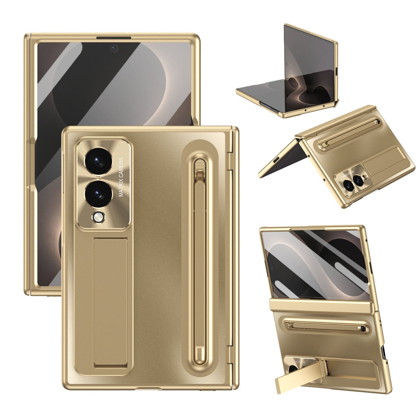 Armor Golden Electroplated Phone Case With Built-in Tempered Glass & Pen Tray For Galaxy Z Fold 8/7/6/5/4 Wide Ultra