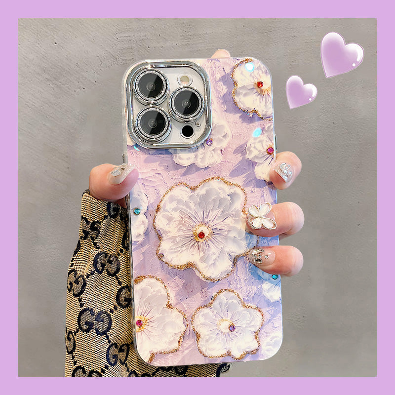 Ins Hot Oil Painting Flower iPhone Case with Lens Protector Film