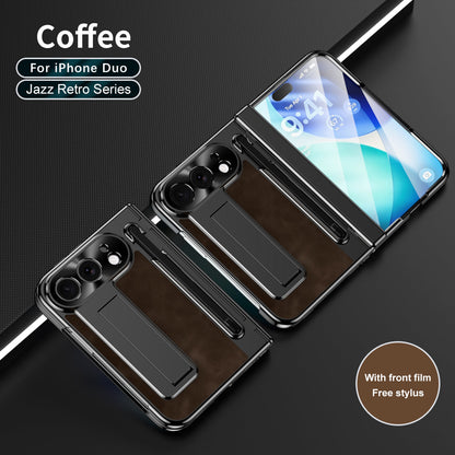 iPhone Duo - Jazz Retro Style Leather Cover Built-in Tempered Glass Film & Kickstand & Pen-slot & Stylus