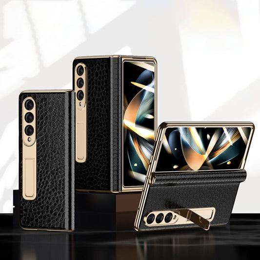 Handmade Leather Crocodile Pattern Phone Case With Back Screen Protector For Samsung Galaxy Z Fold