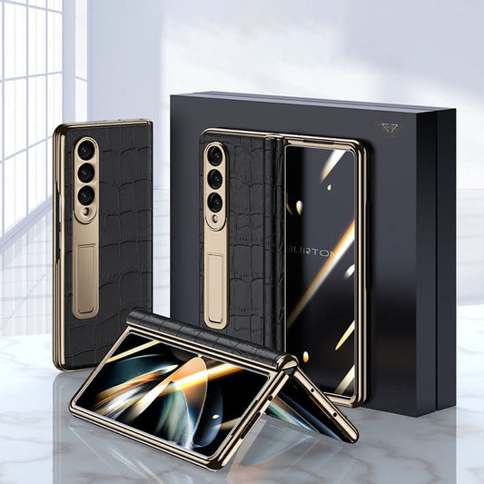 Handmade Leather Crocodile Pattern Phone Case With Back Screen Protector For Samsung Galaxy Z Fold