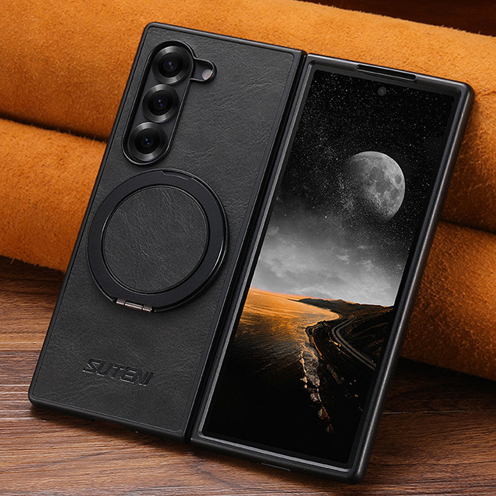 Oil-wax Leather Magnetic Wireless Charging Rotating Ring Phone Case For Samsung Galaxy Z Fold