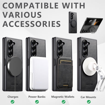 Oil-wax Leather Magnetic Wireless Charging Rotating Ring Phone Case For Samsung Galaxy Z Fold