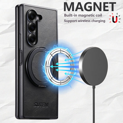 Oil-wax Leather Magnetic Wireless Charging Rotating Ring Phone Case For Samsung Galaxy Z Fold
