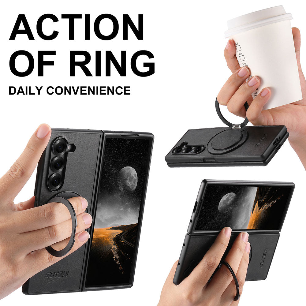 Oil-wax Leather Magnetic Wireless Charging Rotating Ring Phone Case For Samsung Galaxy Z Fold
