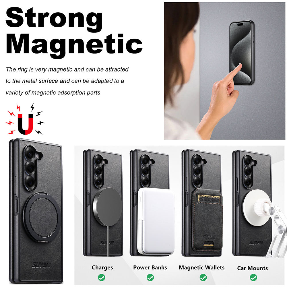 Oil-wax Leather Magnetic Wireless Charging Rotating Ring Phone Case For Samsung Galaxy Z Fold