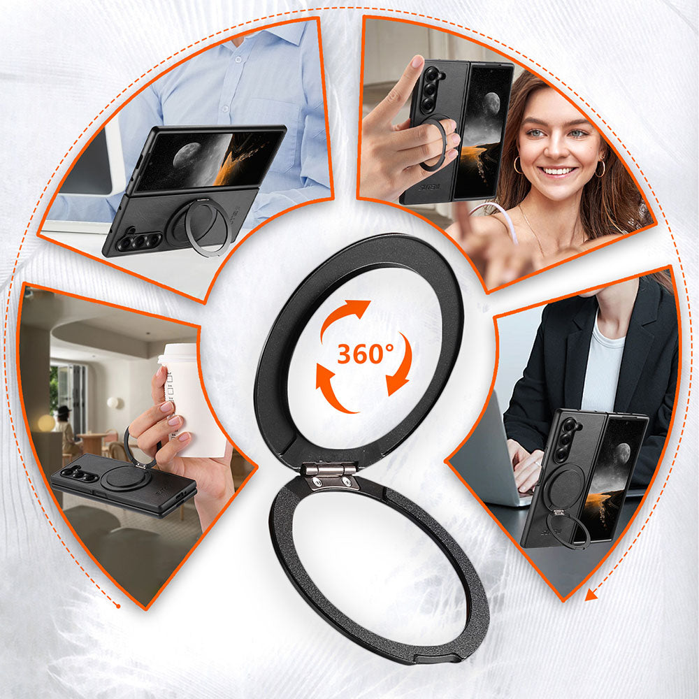 Oil-wax Leather Magnetic Wireless Charging Rotating Ring Phone Case For Samsung Galaxy Z Fold