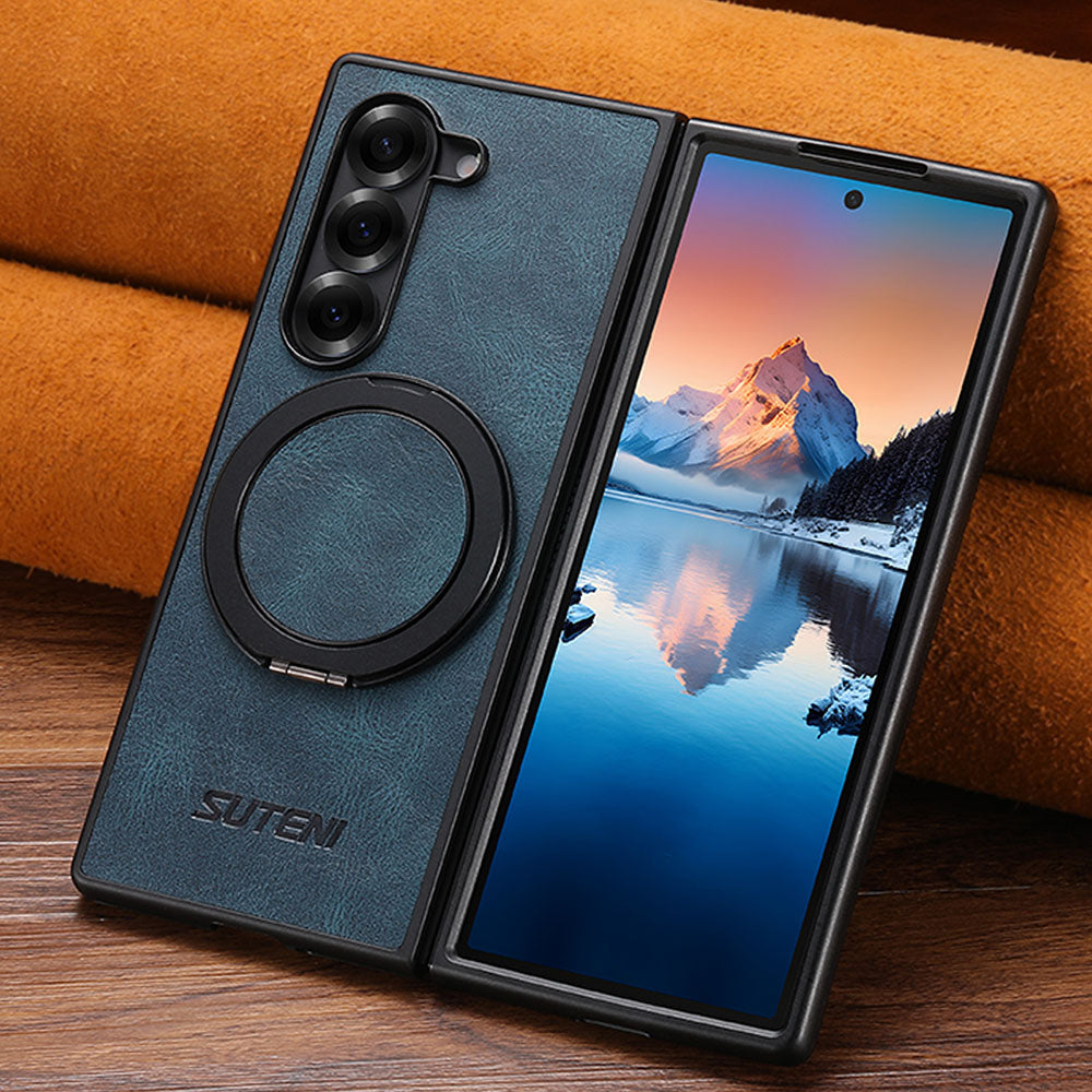 Oil-wax Leather Magnetic Wireless Charging Rotating Ring Phone Case For Samsung Galaxy Z Fold