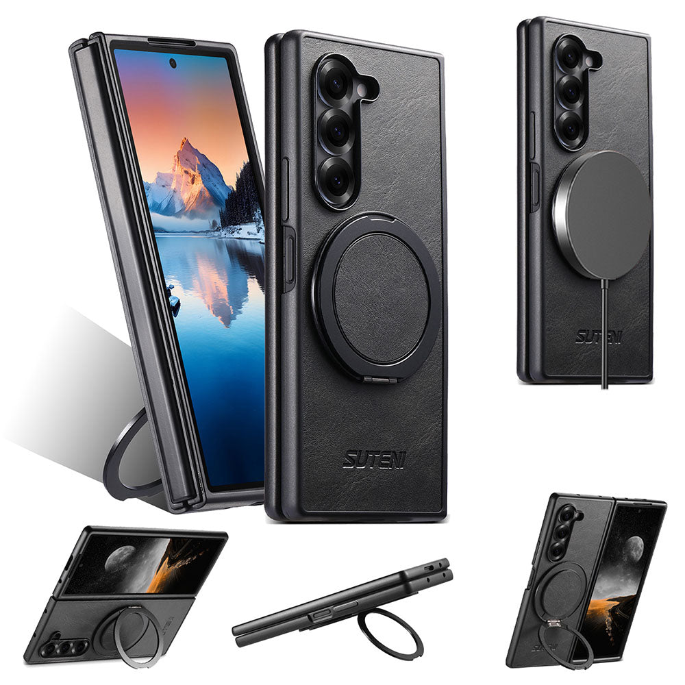 Oil-wax Leather Magnetic Wireless Charging Rotating Ring Phone Case For Samsung Galaxy Z Fold