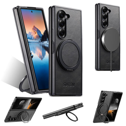 Oil-wax Leather Magnetic Wireless Charging Rotating Ring Phone Case For Samsung Galaxy Z Fold