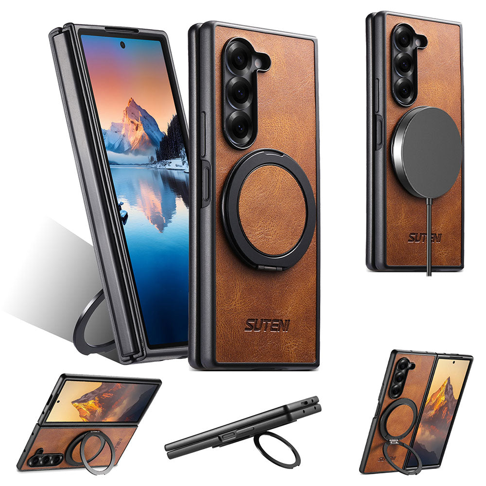 Oil-wax Leather Magnetic Wireless Charging Rotating Ring Phone Case For Samsung Galaxy Z Fold