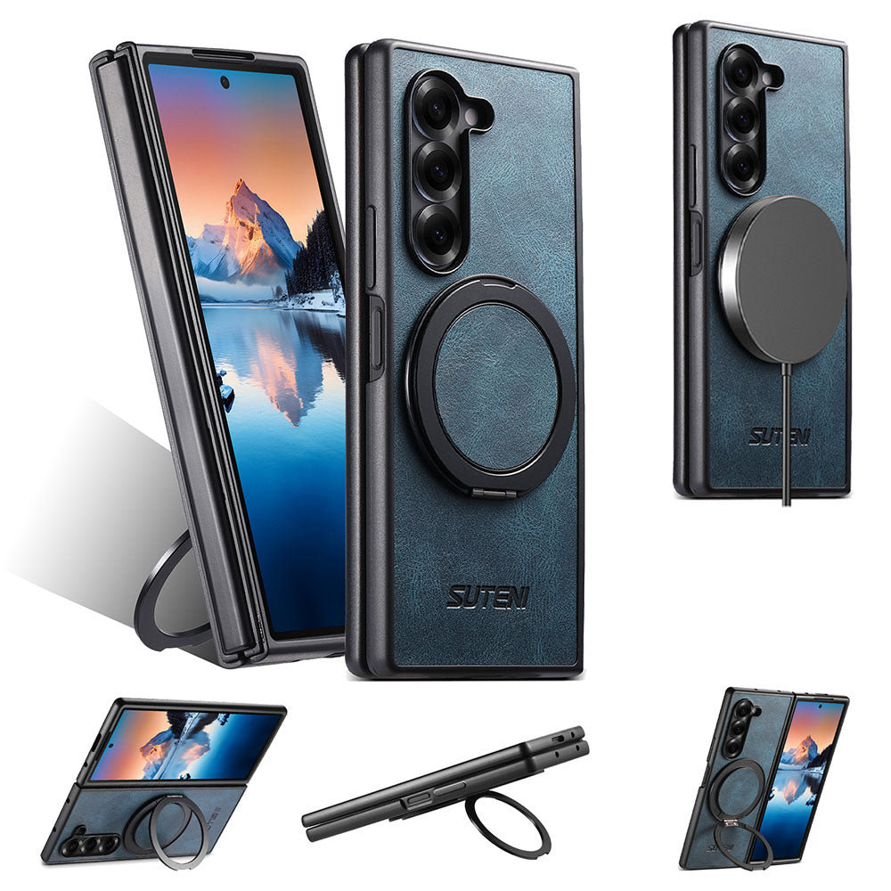 Oil-wax Leather Magnetic Wireless Charging Rotating Ring Phone Case For Samsung Galaxy Z Fold