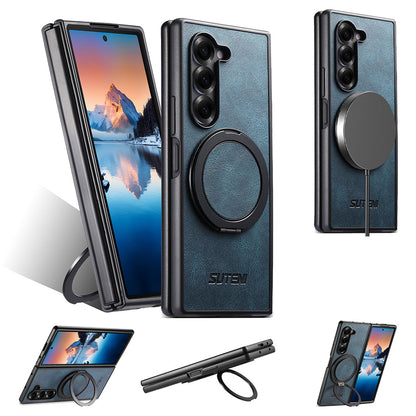 Oil-wax Leather Magnetic Wireless Charging Rotating Ring Phone Case For Samsung Galaxy Z Fold