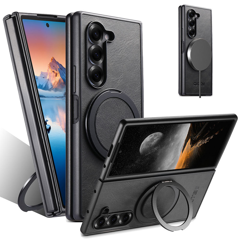 Oil-wax Leather Magnetic Wireless Charging Rotating Ring Phone Case For Samsung Galaxy Z Fold