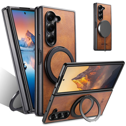 Oil-wax Leather Magnetic Wireless Charging Rotating Ring Phone Case For Samsung Galaxy Z Fold