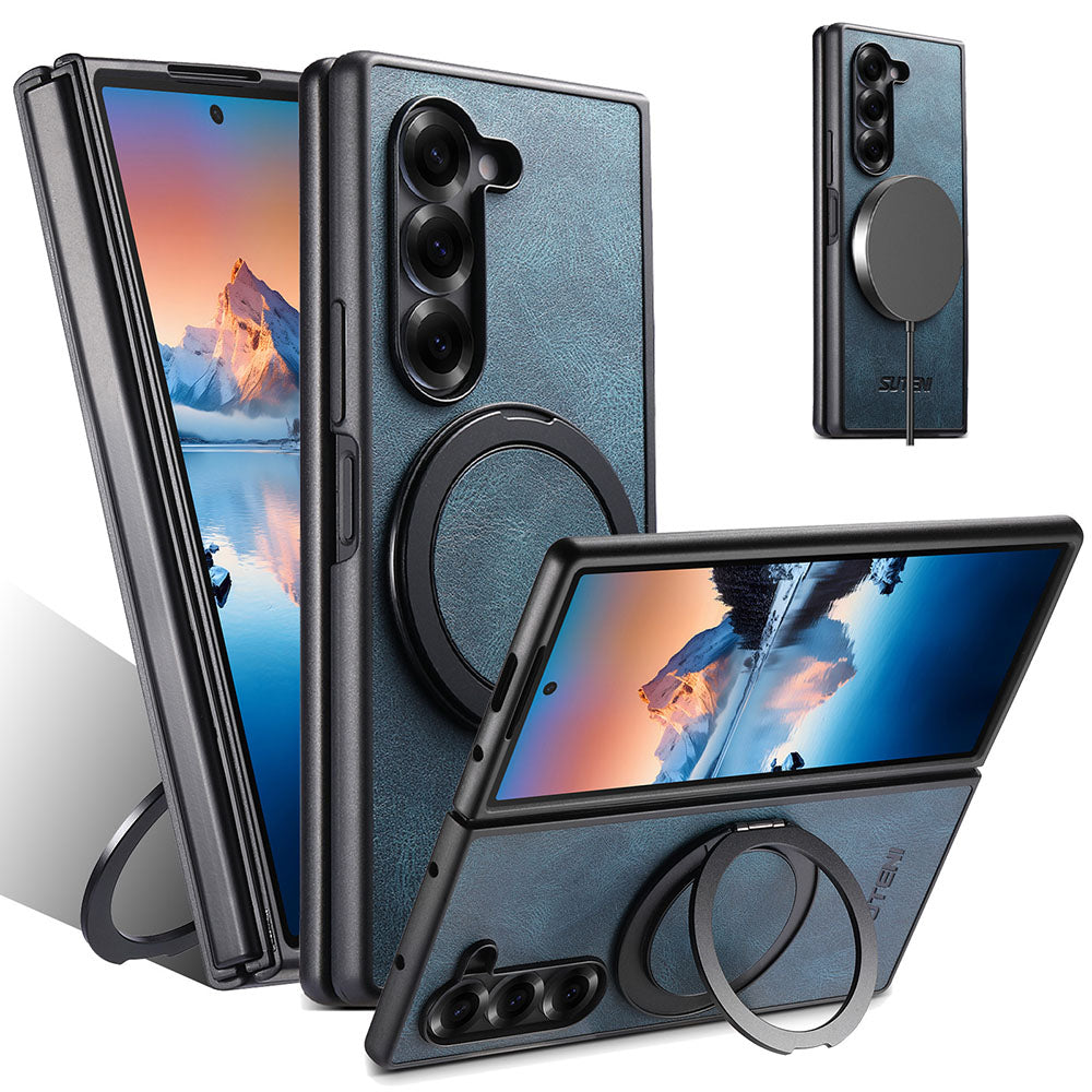 Oil-wax Leather Magnetic Wireless Charging Rotating Ring Phone Case For Samsung Galaxy Z Fold