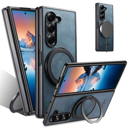Oil-wax Leather Magnetic Wireless Charging Rotating Ring Phone Case For Samsung Galaxy Z Fold
