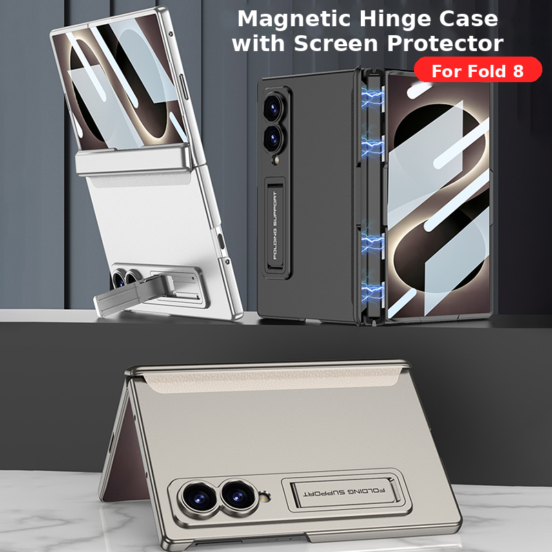 Galaxy Z Fold 8 Rugged Magnetic Hinge Protection Case with Built-In Kickstand & Screen Glass Film