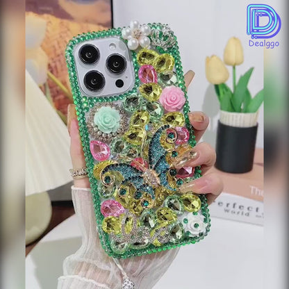 Glitter Crystal Butterfly Rhinestone Flower Bracelet Cover for iPhone and Samsung - Green