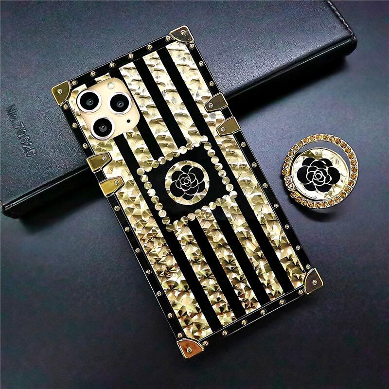 2021 Luxury Brand Black Rose Flower Stripe Glitter Gold Square Case For iPhone - Dealggo.com